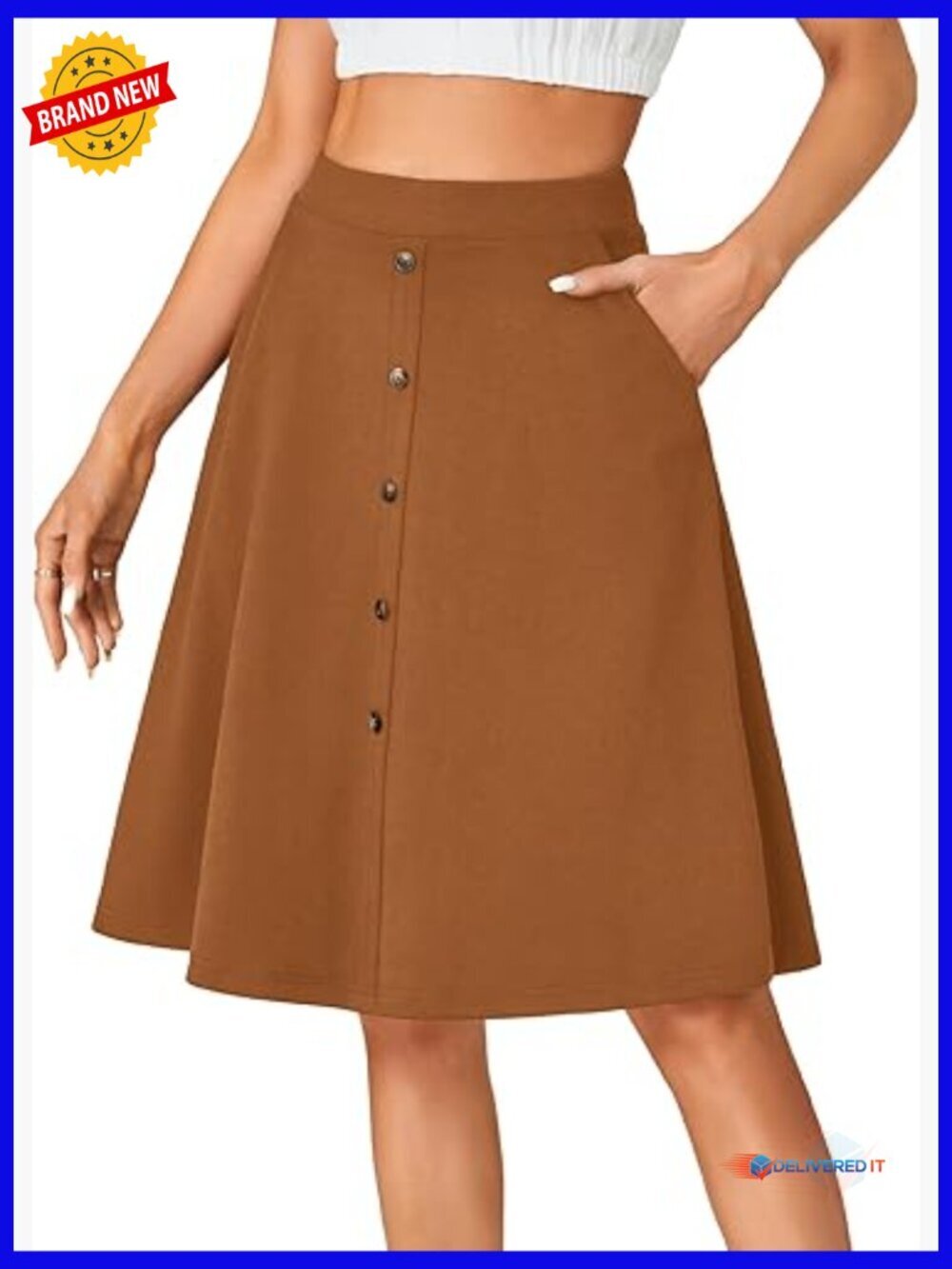 High Waist A-Line Midi Skirt with Pockets Stretchy Flared Vintage Casual